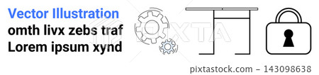 Business security, teamwork, workplace design, data protection, engineering, mechanics. Gear icons, desk drawing secure padlock. Business security and teamwork illustrated Business security, teamwork, workplace design, data protection, engineering, mechanics. Gear icons, desk drawing secure padlock. Business security and teamwork illustrated 143098638
