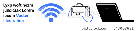 Remote work, education, technology connection, mobile lifestyle, wireless networks, digital tools. wireless icon, backpack with cables and laptop. Remote work and education concepts 143098651
