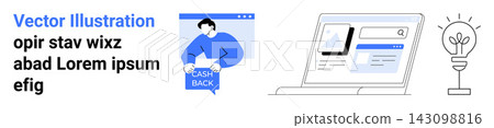 E-commerce, cashback, online shopping, digital marketing, creative thinking, innovation. Illustration features a person with cashback offer, an online shopping interface, and a light bulb icon E-commerce, cashback, online shopping, digital marketing, creative thinking, innovation. Illustration features a person with cashback offer, an online shopping interface, and a light bulb icon 143098816