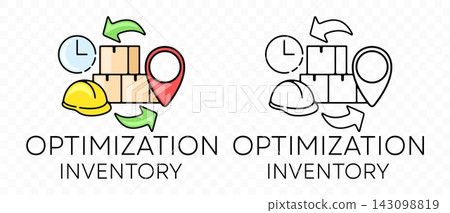 Vector illustration of inventory optimization process with cardboard boxes, safety helmet, map pins, clock, and circular arrows representing logistics workflow and stock turnover. Vector illustration of inventory optimization process with cardboard boxes, safety helmet, map pins, clock, and circular arrows representing logistics workflow and stock turnover. 143098819
