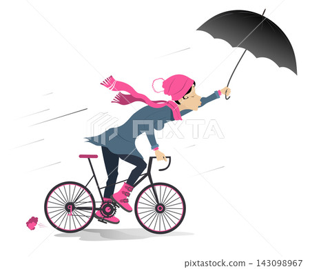 There are no bad weather or seasons for cycling. Autumn weather. Rainy and windy day and woman rides a bike There are no bad weather or seasons for cycling. Autumn weather. Rainy and windy day and woman rides a bike 143098967