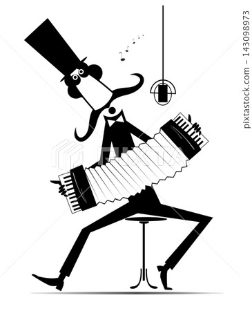 Man sitting on the chair with an accordion singing to microphone. Musician man in the top hat playing accordion and singing 143098973