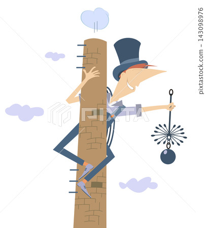 Cartoon chimney sweeper cleaning a stove pipe. Cheerful chimney sweeper in the top hat on the stove pipe with the rope and chimney brush Cartoon chimney sweeper cleaning a stove pipe. Cheerful chimney sweeper in the top hat on the stove pipe with the rope and chimney brush 143098976