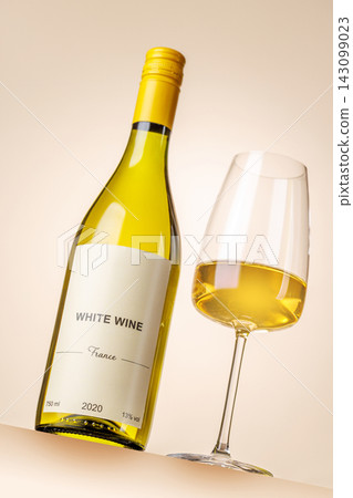 White wine bottle mockup with glass White wine bottle mockup with glass 143099023