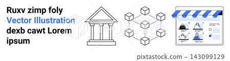 E-commerce, blockchain networks, financial transactions, digital economy, decentralized finance, classical institutions. Classical building, blockchain cubes and an e-commerce platform. E-commerce E-commerce, blockchain networks, financial transactions, digital economy, decentralized finance, classical institutions. Classical building, blockchain cubes and an e-commerce platform. E-commerce 143099129