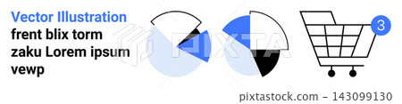 E-commerce, business analytics, data visualization, shopping trends, notifications, financial reports. Shopping cart with notification number and two pie charts. E-commerce and business analytics E-commerce, business analytics, data visualization, shopping trends, notifications, financial reports. Shopping cart with notification number and two pie charts. E-commerce and business analytics 143099130