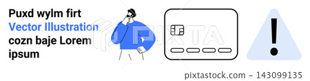 Financial security, decision making, online transactions, fraud alerts, cautious spending, ecommerce concerns. A person thinking near credit card and warning symbol. Financial security and decision Financial security, decision making, online transactions, fraud alerts, cautious spending, ecommerce concerns. A person thinking near credit card and warning symbol. Financial security and decision 143099135