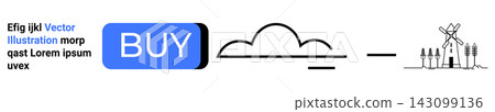 Cloud computing, e-commerce, renewable energy, sustainability, digital marketplaces, farming. A blue BUY button, cloud outline and barn with windmills. Cloud computing and e-commerce concepts Cloud computing, e-commerce, renewable energy, sustainability, digital marketplaces, farming. A blue BUY button, cloud outline and barn with windmills. Cloud computing and e-commerce concepts 143099136