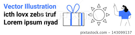 Gift-giving, celebrations, education, weather concepts, teaching tools, festive seasons. Minimalist gift box, sun icon and person pointing. gift-giving and celebrations 143099137