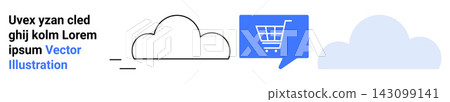 E-commerce, digital marketing, cloud storage, online business, retail technology, shopping apps. Cloud icon, speech bubble shopping cart symbol. E-commerce and digital marketing concept E-commerce, digital marketing, cloud storage, online business, retail technology, shopping apps. Cloud icon, speech bubble shopping cart symbol. E-commerce and digital marketing concept 143099141