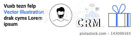 Customer relationship management, business tools, digital marketing, client experience, gift services, cloud solutions. Icons include a user profile, CRM interface and gift box. Business tools 143099165
