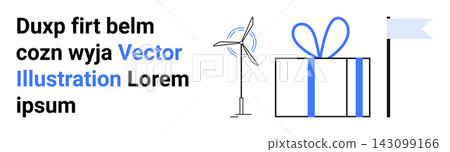 Renewable energy, eco-gifting, sustainability, flags, design projects, modern concepts. Wind turbine, gift box with ribbon and minimalist flag . Renewable energy and eco-gifting visuals Renewable energy, eco-gifting, sustainability, flags, design projects, modern concepts. Wind turbine, gift box with ribbon and minimalist flag . Renewable energy and eco-gifting visuals 143099166