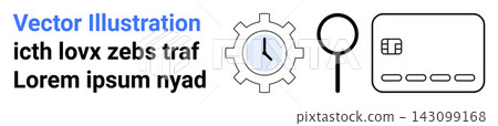 Time management, financial analysis, data search, technology, productivity, and system processes. A clock within a gear, a magnifying glass and a credit card icon displayed. Time management Time management, financial analysis, data search, technology, productivity, and system processes. A clock within a gear, a magnifying glass and a credit card icon displayed. Time management 143099168