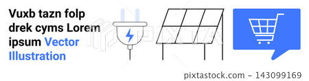 Renewable energy, eco-technology, ecommerce, sustainability, innovation, shopping solutions. Features icons of a plug, solar panels and a shopping cart within a speech bubble. Renewable energy Renewable energy, eco-technology, ecommerce, sustainability, innovation, shopping solutions. Features icons of a plug, solar panels and a shopping cart within a speech bubble. Renewable energy 143099169
