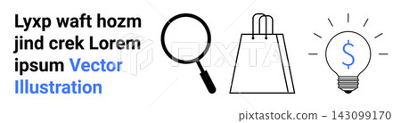 E-commerce, online shopping, business planning, financial growth, search tools, retail concepts. A magnifying glass, shopping bag and dollar sign light bulb icons. E-commerce and online shopping E-commerce, online shopping, business planning, financial growth, search tools, retail concepts. A magnifying glass, shopping bag and dollar sign light bulb icons. E-commerce and online shopping 143099170
