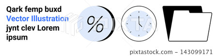 Data management, task planning, organization, efficiency, record-keeping, time tracking. Minimalistic icons include a percentage symbol, clock and folder. Data management and task planning Data management, task planning, organization, efficiency, record-keeping, time tracking. Minimalistic icons include a percentage symbol, clock and folder. Data management and task planning 143099171
