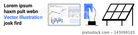 Business growth analysis, financial technology, renewable energy, data visualization, sustainability, payment processing. Charts, touchscreen hand solar panel. Business analytics and financial 143099183