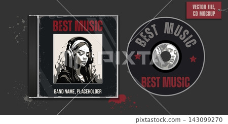 Music CD Cover Mockup Design with Girl in Headphones, Grunge Rock Album Template Music CD Cover Mockup Design with Girl in Headphones, Grunge Rock Album Template 143099270