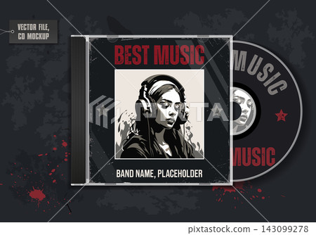 CD case mockup with grunge rock design, woman in headphones portrait CD case mockup with grunge rock design, woman in headphones portrait 143099278