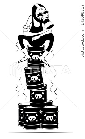 Toxic agent barrels and a worker in the gas mask. Worker in the gas mask sits on the pile of the toxic agent barrels. Black and white Toxic agent barrels and a worker in the gas mask. Worker in the gas mask sits on the pile of the toxic agent barrels. Black and white 143099315