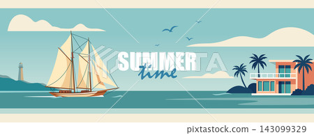 Summertime Retro Horizontal Banner Sailboat at Sea with Beach Villa and Lighthouse Summertime Retro Horizontal Banner Sailboat at Sea with Beach Villa and Lighthouse 143099329