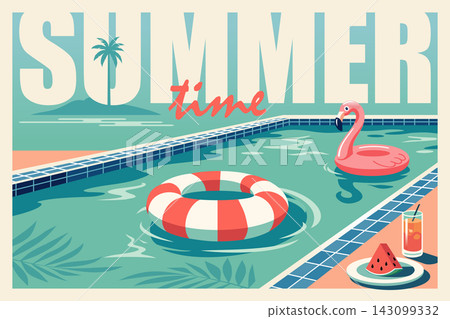 Summer Time Retro Pool Scene with Flamingo Float Inflatable Ring and Watermelon Summer Time Retro Pool Scene with Flamingo Float Inflatable Ring and Watermelon 143099332