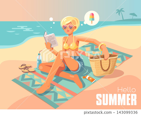 Hello Summer. Beach Girl Reading Book and Dreaming of Ice Cream. Flat Vector Hello Summer. Beach Girl Reading Book and Dreaming of Ice Cream. Flat Vector 143099336