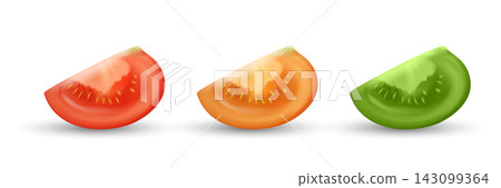 Fresh Tomato Wedge 3d Vector Illustration. Red, Orange, Green Tomato Slices Isolated. Tomato Pieces for Vegetarian Food, Salad, Cooking, Grocery, Produce, Vegetable, Nutrition, Healthy Eating Concept Fresh Tomato Wedge 3d Vector Illustration. Red, Orange, Green Tomato Slices Isolated. Tomato Pieces for Vegetarian Food, Salad, Cooking, Grocery, Produce, Vegetable, Nutrition, Healthy Eating Concept 143099364