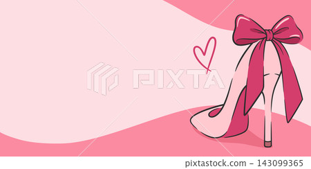 High Heel Shoe Vector Illustration. Pink High Heel with Big Bow and Heart on Pink Background. Feminine High Heel Fashion Banner for Footwear, Boutique, Bridal, Wedding, Valentine, Beauty Concept High Heel Shoe Vector Illustration. Pink High Heel with Big Bow and Heart on Pink Background. Feminine High Heel Fashion Banner for Footwear, Boutique, Bridal, Wedding, Valentine, Beauty Concept 143099365
