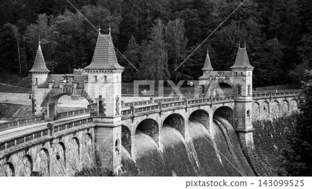 A view of the Les Kralovstvi Dam in Czechia, showcasing the intricate archway and stonework of the structure. The dam stands tall and imposing, surrounded by lush greenery. Black and white photography A view of the Les Kralovstvi Dam in Czechia, showcasing the intricate archway and stonework of the structure. The dam stands tall and imposing, surrounded by lush greenery. Black and white photography 143099525
