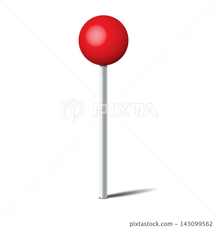 A red pin standing upright on a white surface. The pin has a round top and a thin pole beneath it. The shadow below adds depth to the image. 3D vector illustration A red pin standing upright on a white surface. The pin has a round top and a thin pole beneath it. The shadow below adds depth to the image. 3D vector illustration 143099562