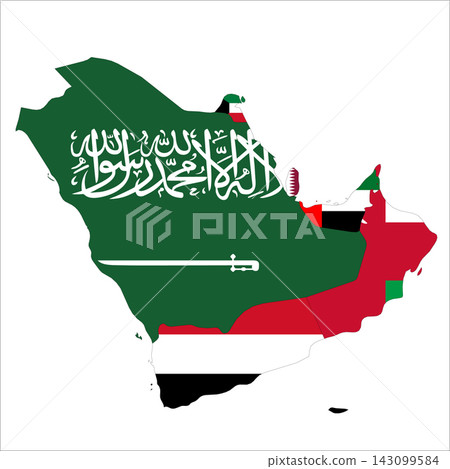 Flag map outline shape of Arabian Peninsula. Flags of countries fill the shapes with their colors. Symbol of regional cooperation, identity and partnership Flag map outline shape of Arabian Peninsula. Flags of countries fill the shapes with their colors. Symbol of regional cooperation, identity and partnership 143099584