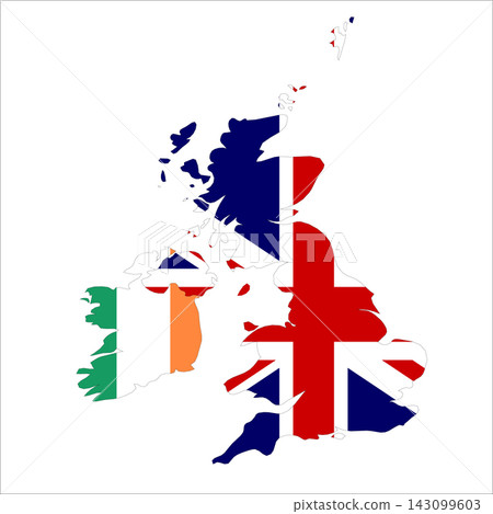 Flag map outline shape of British Isles Countries - United Kingdom and Ireland. Flags of countries fill the shapes with their colors. Symbol of regional cooperation, identity and partnership Flag map outline shape of British Isles Countries - United Kingdom and Ireland. Flags of countries fill the shapes with their colors. Symbol of regional cooperation, identity and partnership 143099603