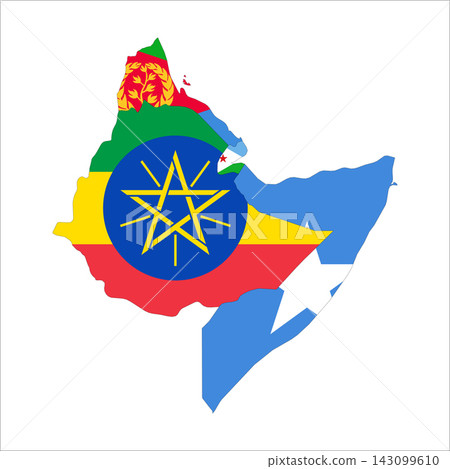 Flag map outline shape of Horn of Africa - Somalia, Ethiopia, Eritrea and Djibouti. Flags of countries fill the shapes with their colors. Symbol of regional cooperation, identity and partnership Flag map outline shape of Horn of Africa - Somalia, Ethiopia, Eritrea and Djibouti. Flags of countries fill the shapes with their colors. Symbol of regional cooperation, identity and partnership 143099610