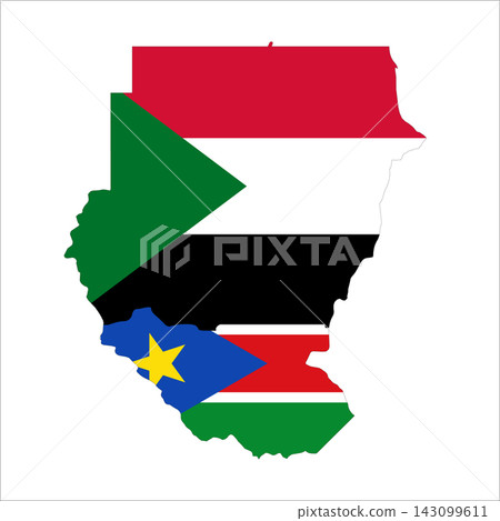 Flag map outline shape of Sudan and South Sudan. Flags of countries fill the shapes with their colors. Symbol of regional cooperation, identity and partnership Flag map outline shape of Sudan and South Sudan. Flags of countries fill the shapes with their colors. Symbol of regional cooperation, identity and partnership 143099611