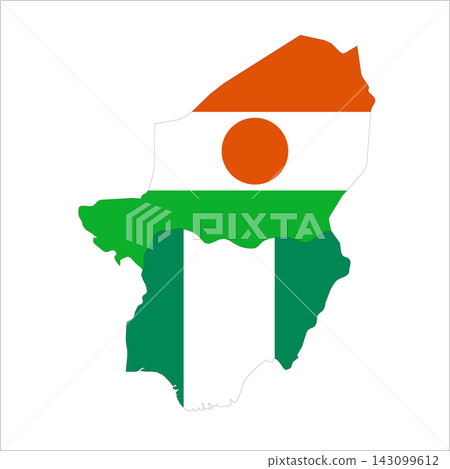 Flag map outline shape of Nigeria and Niger. Flags of countries fill the shapes with their colors. Symbol of regional cooperation, identity and partnership Flag map outline shape of Nigeria and Niger. Flags of countries fill the shapes with their colors. Symbol of regional cooperation, identity and partnership 143099612