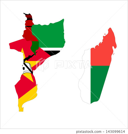 Flag map outline shape of Mosambique, Malawi and Madagascar. Flags of countries fill the shapes with their colors. Symbol of regional cooperation, identity and partnership Flag map outline shape of Mosambique, Malawi and Madagascar. Flags of countries fill the shapes with their colors. Symbol of regional cooperation, identity and partnership 143099614