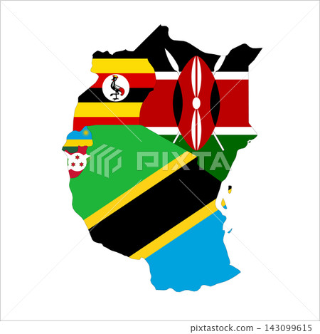 Flag map outline shape of East Africa Countries. Flags of countries fill the shapes with their colors. Symbol of regional cooperation, identity and partnership 143099615