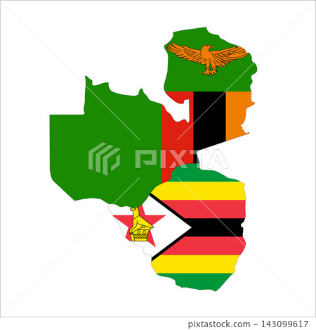 Flag map outline shape of Zambia and Zimbabwe. Flags of countries fill the shapes with their colors. Symbol of regional cooperation, identity and partnership 143099617