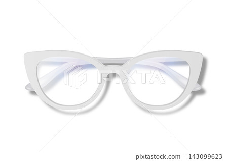 Cat Eye Glasses Vector Illustration. 3d White Cat Eye Glasses with Shadow, Top View, Front View. Retro Women Eyewear Illustration with Clear Lenses. Fashion Accessory Isolated Cat Eye Glasses Vector Illustration. 3d White Cat Eye Glasses with Shadow, Top View, Front View. Retro Women Eyewear Illustration with Clear Lenses. Fashion Accessory Isolated 143099623