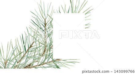 Pine branches botanical watercolor frame isolated illustration. Hand drawn evergreen twigs template with copy space for Christmas holidays, winter decor and New Year greeting cards. Conifer border. Pine branches botanical watercolor frame isolated illustration. Hand drawn evergreen twigs template with copy space for Christmas holidays, winter decor and New Year greeting cards. Conifer border. 143099766
