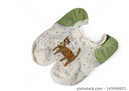Pair of white ankle socks with brown cat pattern and green heels isolated on white 143099825