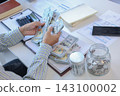 Person Counting US Dollar Bills and Planning Monthly Finance Budget 143100002