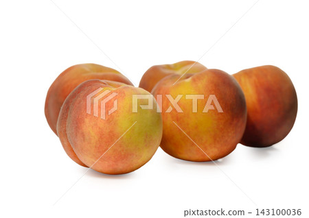 Commercial stock photo of a group of fresh whole ripe peaches on a white background Commercial stock photo of a group of fresh whole ripe peaches on a white background 143100036