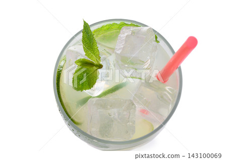 Stock photo of mojito cocktail top down view with straw and ice Stock photo of mojito cocktail top down view with straw and ice 143100069