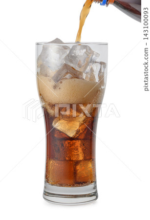 Refreshing Cola Pouring into Glass with Ice and Foam Refreshing Cola Pouring into Glass with Ice and Foam 143100093