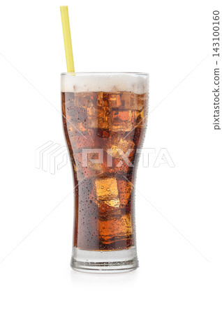 Tall glass of iced cola with foam and a yellow straw on a white background Tall glass of iced cola with foam and a yellow straw on a white background 143100160