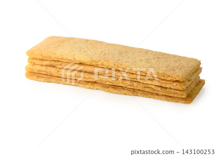 Neat stack of crispy cereal or snack bars isolated on white Neat stack of crispy cereal or snack bars isolated on white 143100253