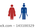 Japanese-style toilet signs featuring Miyamoto Musashi and Otsu, with separate signs for men and women. 143100329