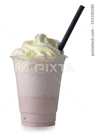 Commercial stock photo of a takeaway plastic cup of strawberry milkshake with whipped cream and a straw on white Commercial stock photo of a takeaway plastic cup of strawberry milkshake with whipped cream and a straw on white 143100390